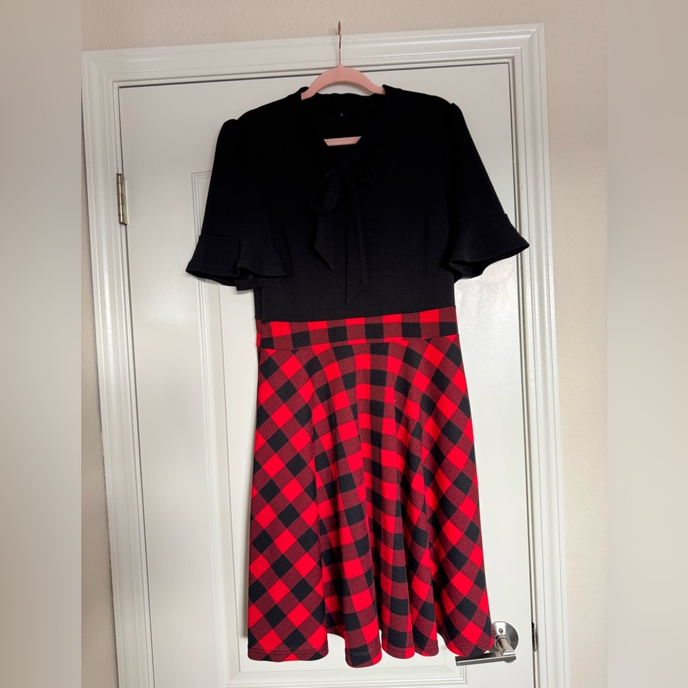 Black Top with Red Plaid Skirt Dress